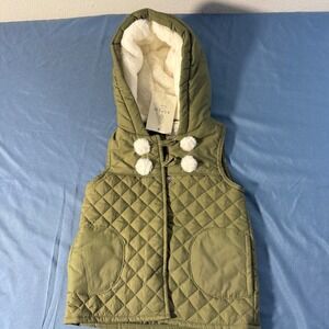 Aspen Kids Olive Green Quilted Puffer Vest Hooded Faux Fur Lined 2T